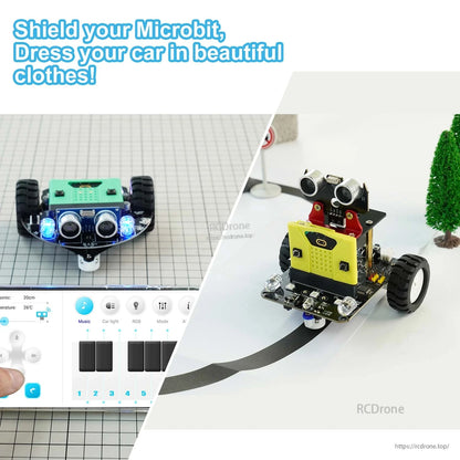 Micro:bit case used on a small robot car project, shown mounted on a wheeled chassis