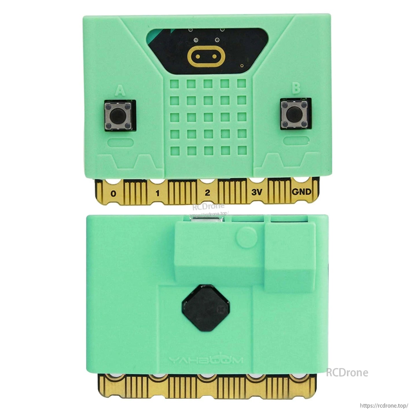 Micro:bit V2 silicone case installed on board, front and back views with A/B button openings