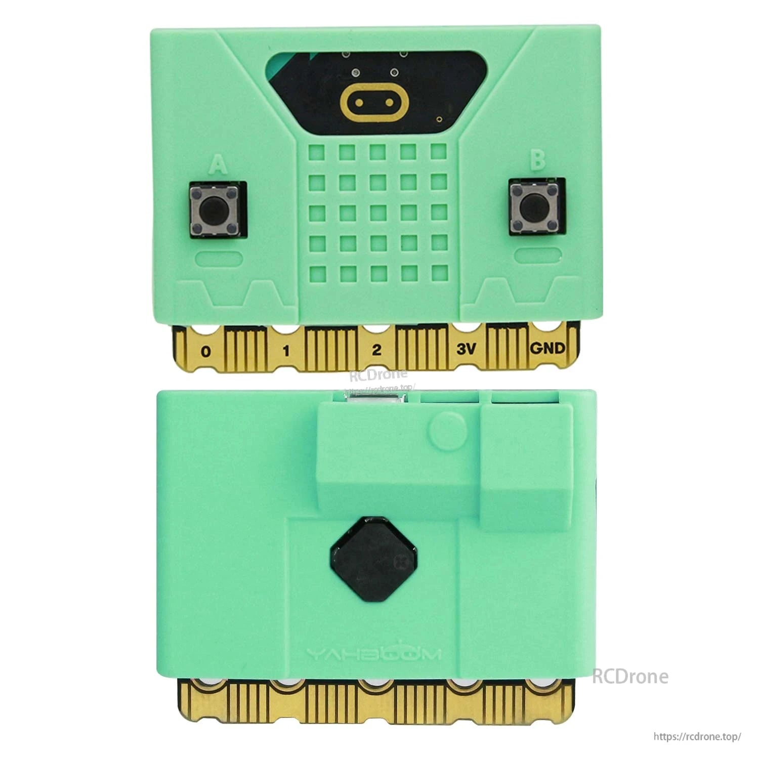 Micro:bit V2 silicone case installed on board, front and back views with A/B button openings