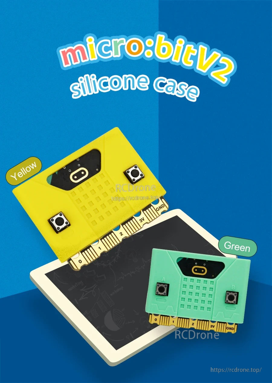 Micro:bit V2 Silicone Case in yellow and green, front view with LED matrix window and A/B buttons exposed