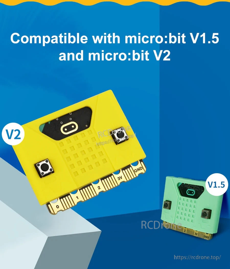 Silicone case compatibility graphic for micro:bit V1.5 and micro:bit V2 boards, shown in yellow and green