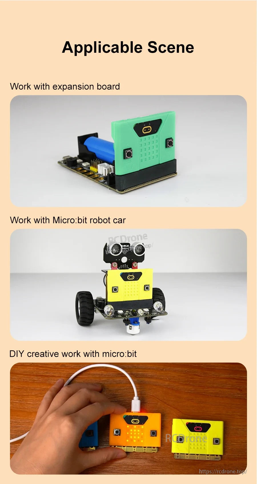 Micro:bit silicone case used with an expansion board, on a robot car, and in a DIY desk project setup