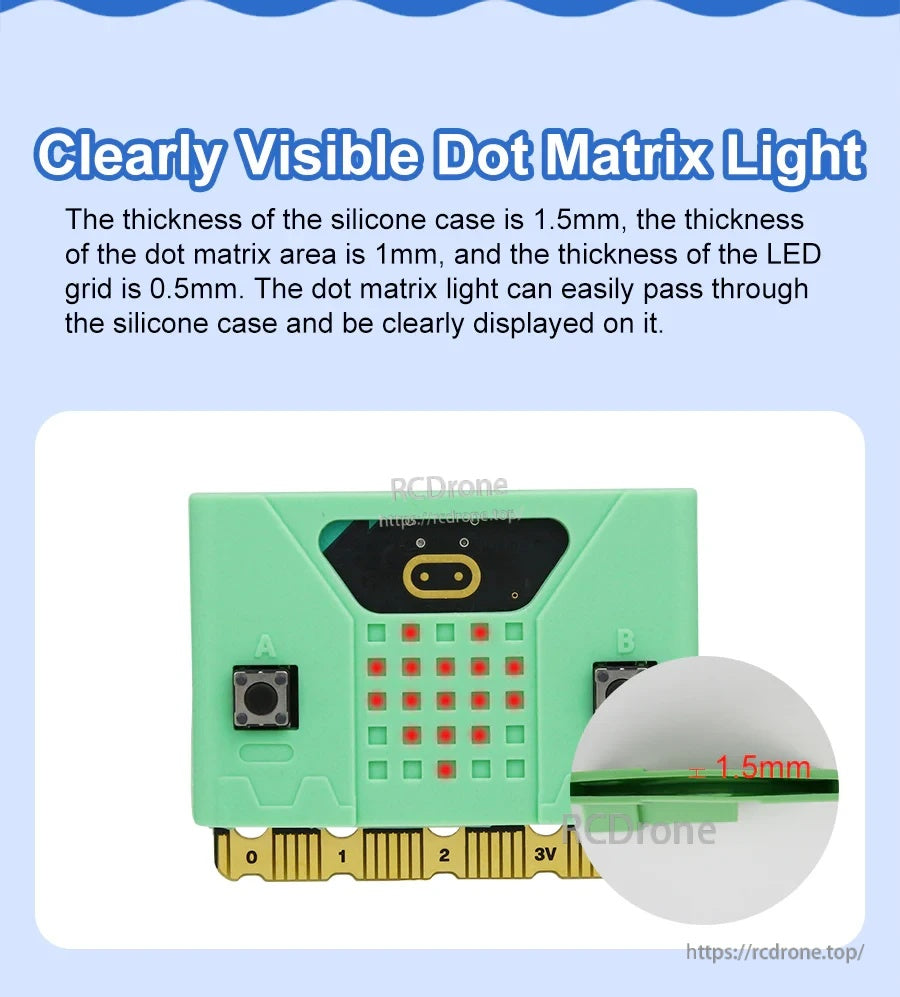 Front LED matrix window on the silicone case, highlighting clear light transmission and 1.5 mm case thickness detail