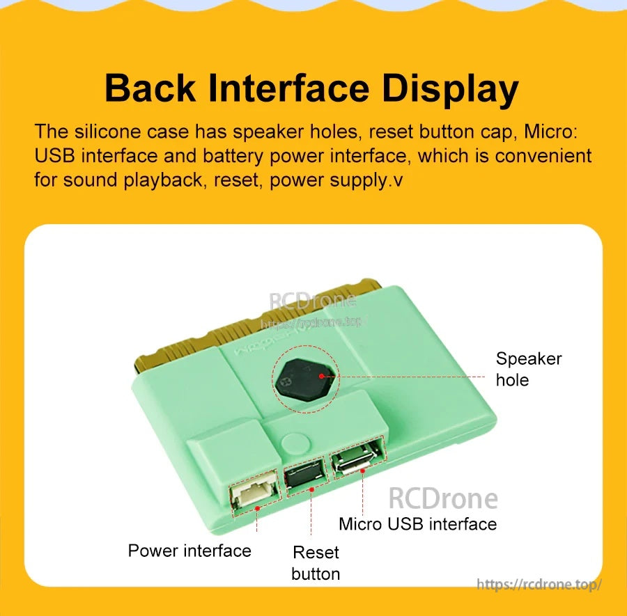 Rear view of silicone case showing access to speaker hole, reset button, Micro USB port, and battery power interface