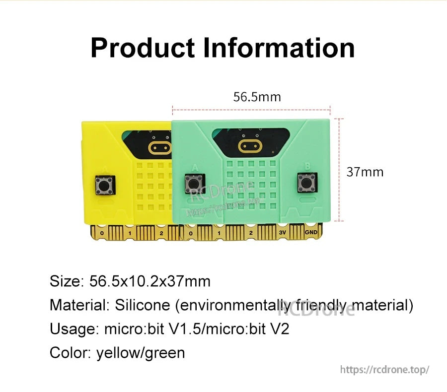 Micro:bit silicone case product information with dimensions 56.5 x 10.2 x 37 mm and yellow/green color options