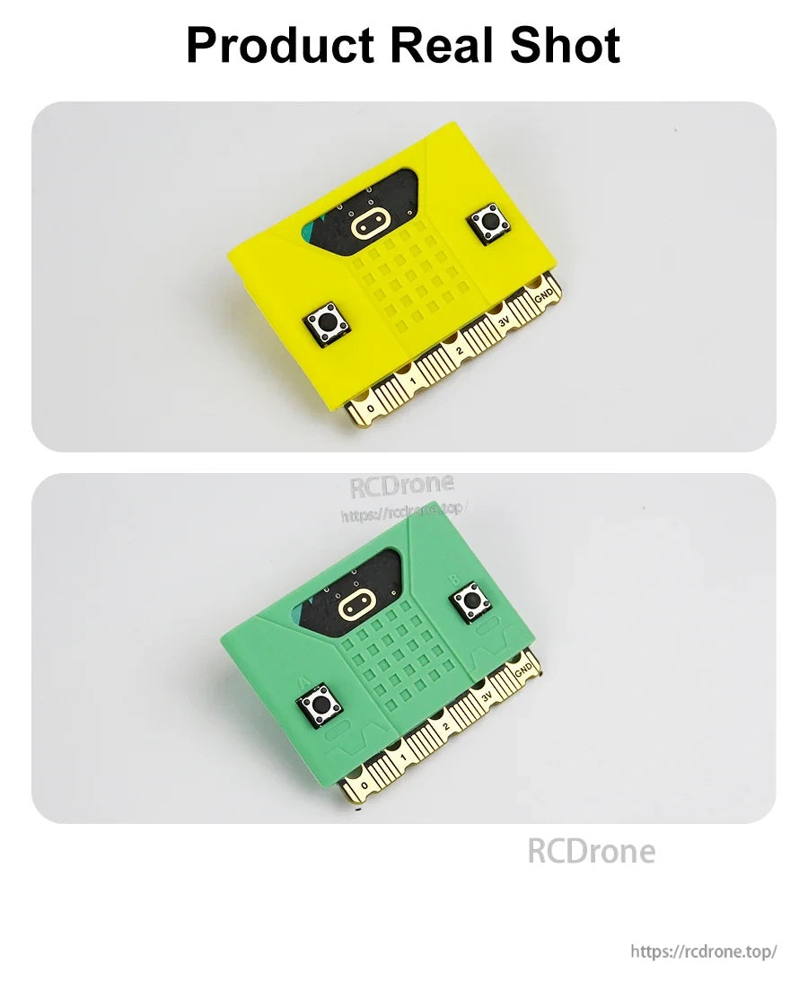 Micro:bit V2 Silicone Case real photos in yellow and green, showing front face and edge connector opening