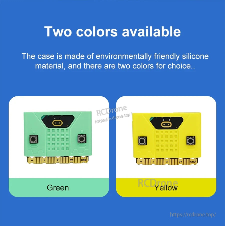 Micro:bit silicone case color options: green and yellow versions displayed side by side