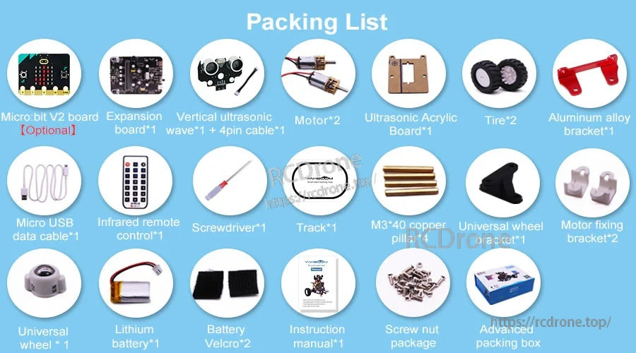 Packing list for Yahboom micro:bit Bitbot smart robot kit with motors, wheels, ultrasonic sensor and remote