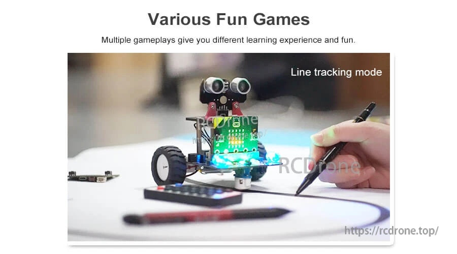 Line tracking mode demo with Bitbot robot car following a drawn path on paper