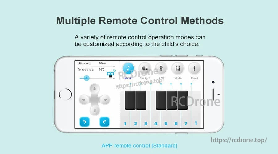 App remote control interface with driving buttons and mode controls on a smartphone screen