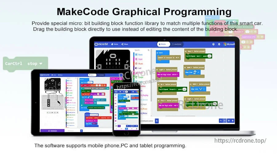 MakeCode graphical programming blocks for controlling the micro:bit robot car on PC, tablet or phone