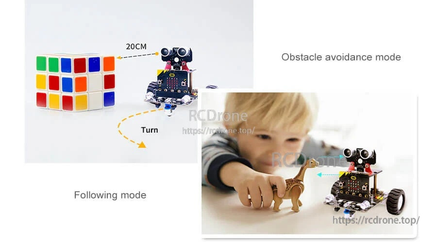 Robot car modes: obstacle avoidance and following mode with 20 cm distance and turn behavior