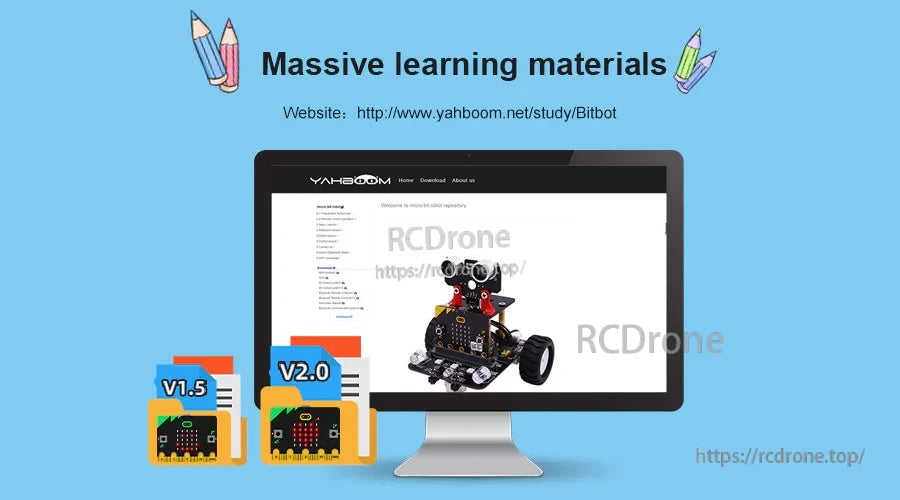Yahboom micro:bit Bitbot smart robot learning materials graphic with micro:bit V1.5 and V2.0 compatibility icons