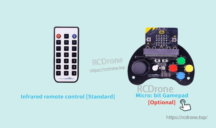 Control options: standard infrared remote and optional micro:bit gamepad controller
