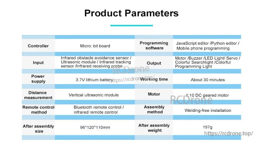 Product parameters table for Yahboom micro:bit Bitbot smart robot, listing 3.7V battery, sensors, and size 96×120×110mm.