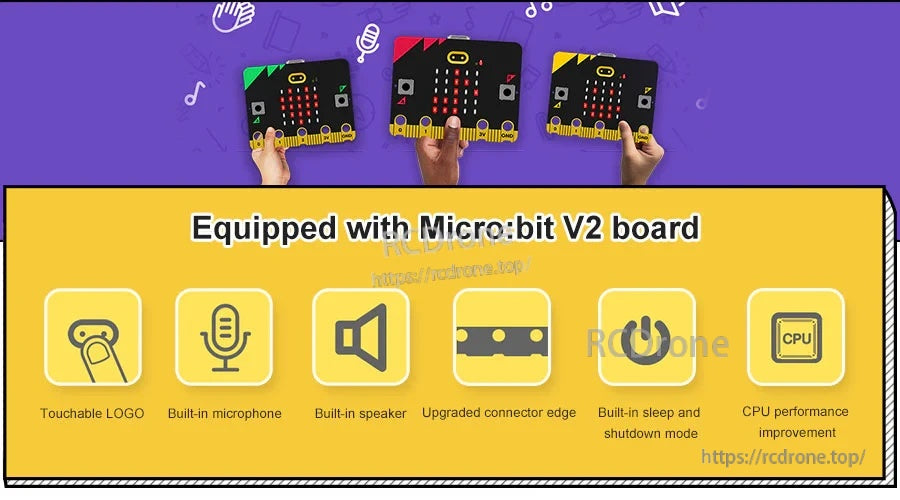 Micro:bit V2 board features: touch logo, microphone, speaker, upgraded edge connector and sleep mode icons