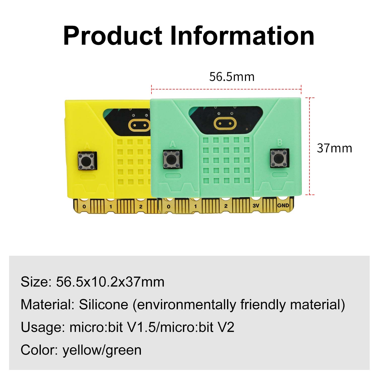 Micro:bit silicone case size diagram 56.5 x 37 mm, fits micro:bit V1.5 and V2
