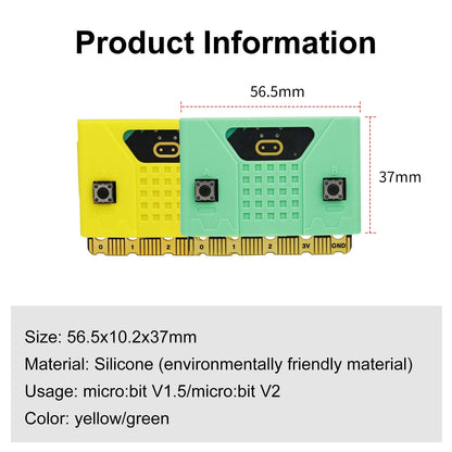 Micro:bit silicone case size diagram 56.5 x 37 mm, fits micro:bit V1.5 and V2