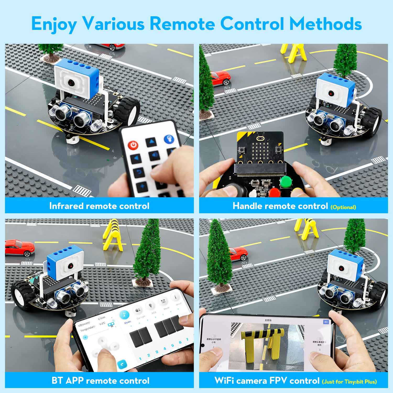 Tiny:bit car remote control methods: IR remote, optional handle controller, Bluetooth app, and WiFi FPV camera control
