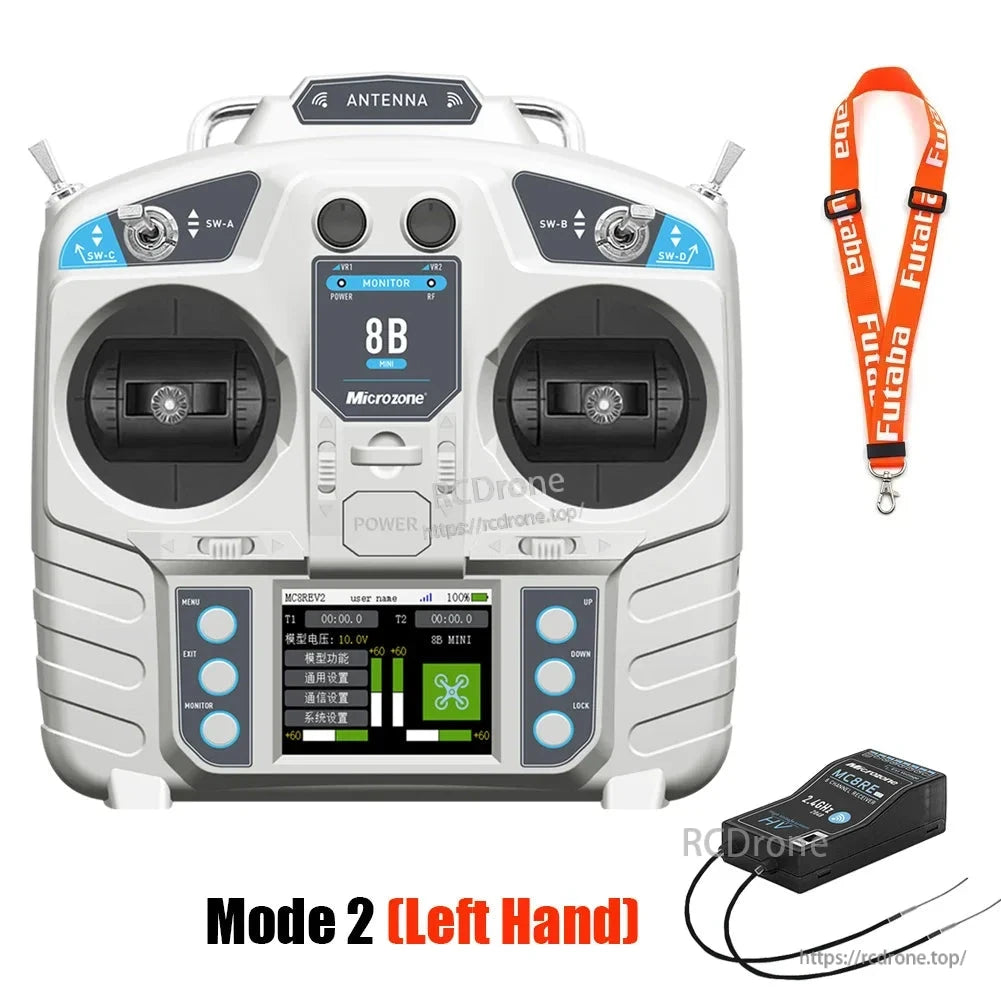 Microzone MC8B 2.4GHz 8-channel S-FHSS mini transmitter, Mode 2, with dual joysticks, digital display, Futaba lanyard, and receiver included.
