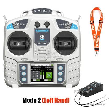 Microzone MC8B 2.4GHz 8-channel S-FHSS mini transmitter, Mode 2, with dual joysticks, digital display, Futaba lanyard, and receiver included.