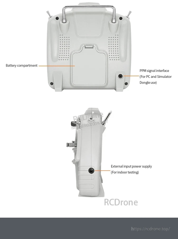 Microzone MC8B RC Transmitter, Battery compartment, PPM signal interface for PC/simulator use, and external power input for indoor testing.
