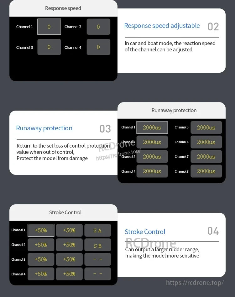 Microzone MC8B RC Transmitter, Adjustable response in car/boat modes, runaway protection for safety, and stroke control for increased rudder sensitivity and range. (17 words)