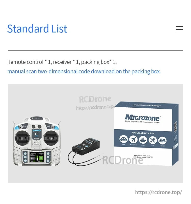Microzone MC8B RC transmitter with receiver, box, and manual; compatible with cars, airplanes, boats, UAVs, and mowers.