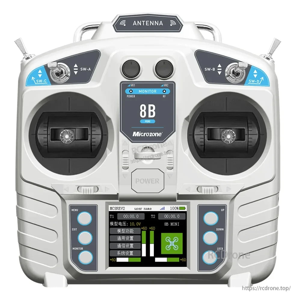 Microzone MC8B RC transmitter with dual joysticks, LCD screen, antenna, power button, menu controls, and multiple switches for model settings, voltage, and signal monitoring.