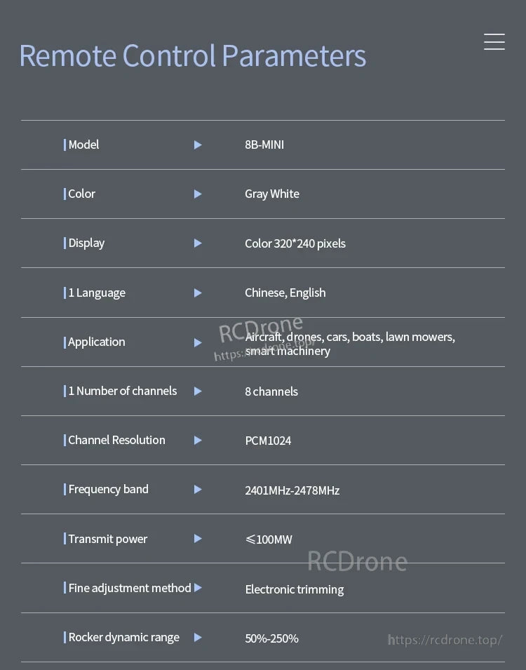 Microzone MC8B RC Transmitter, Microzone MC8B 8-channel RC transmitter with color display, supports aircraft, drones, and more. Features English/Chinese interface, 2401-2478MHz band, electronic trimming, and 50%-250% rocker range.