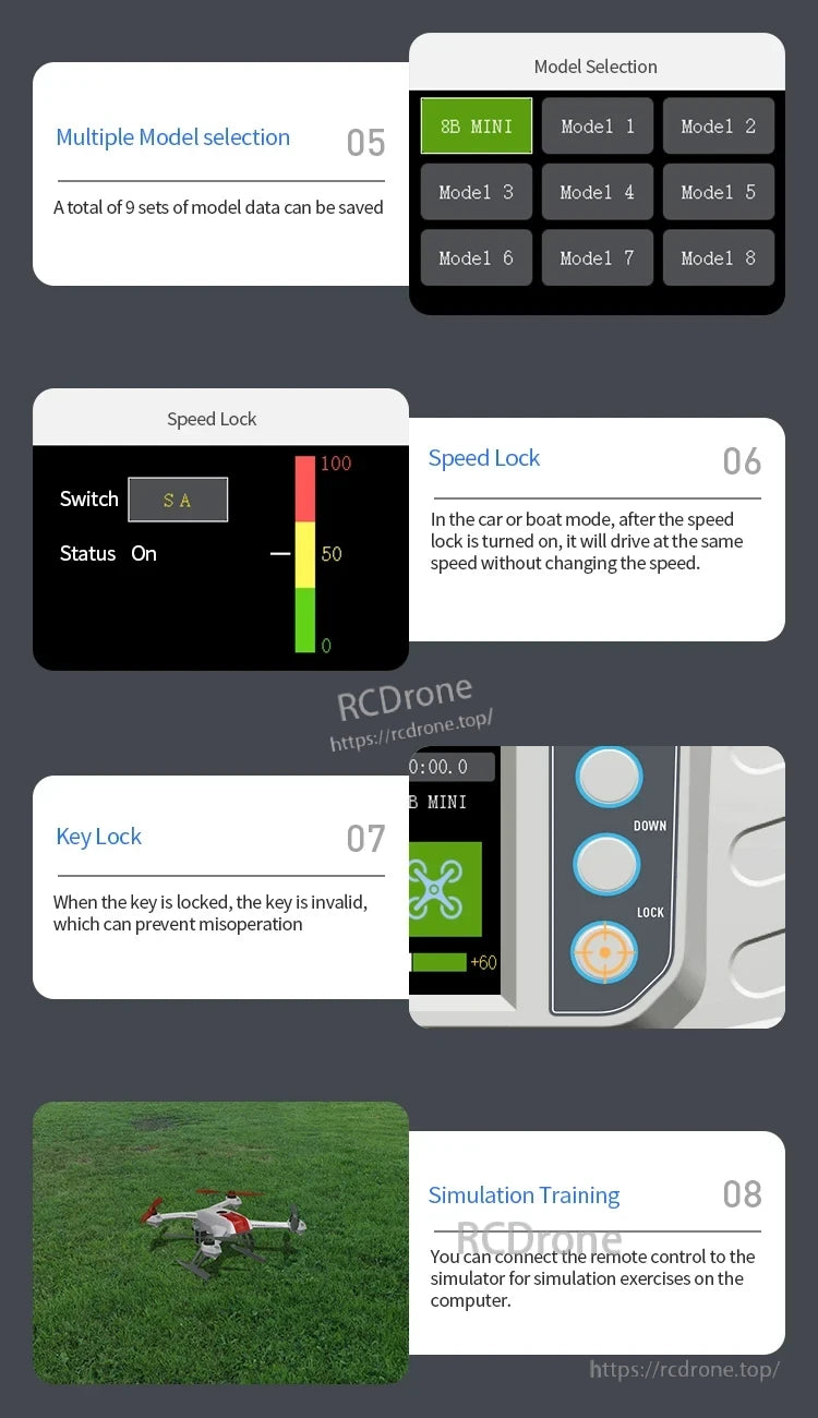 The Microzone MC8B RC Transmitter provides model selection, speed/key locks, and computer simulation for secure, realistic drone training. (24 words)