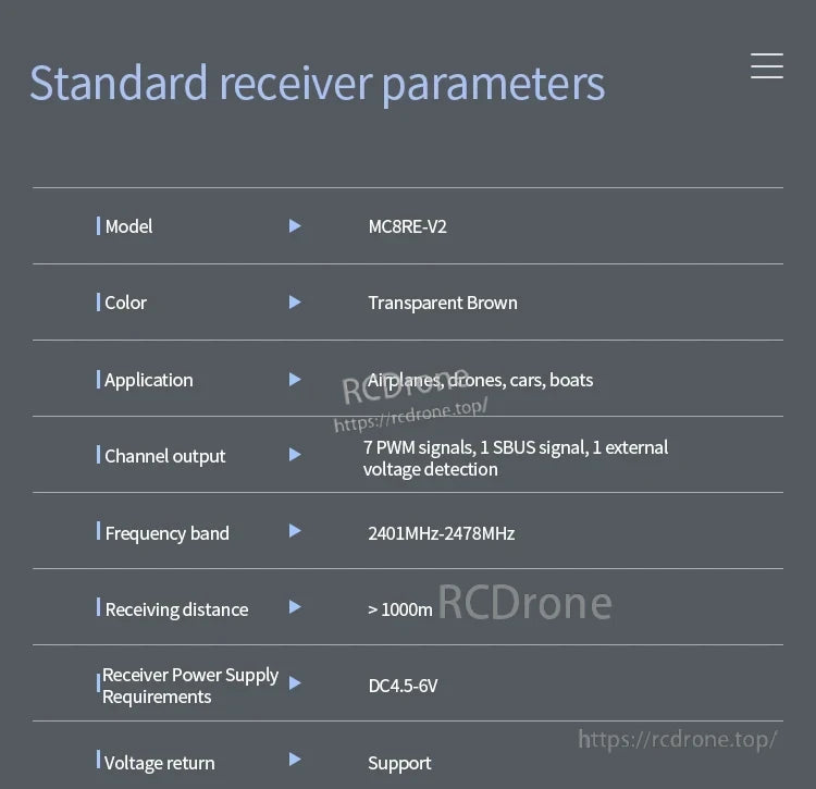 Microzone MC8B RC Transmitter, MC8RE-V2 transparent brown receiver for drones, planes, cars, boats. 7 PWM, 1 SBUS, voltage detection, 2401-2478MHz, >1000m range, DC4.5-6V, supports voltage return.