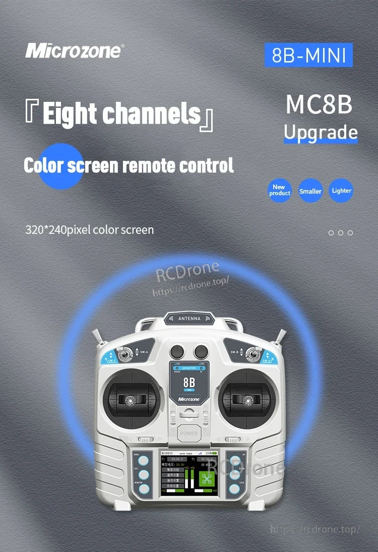 Microzone MC8B RC Transmitter, Microzone 8B-MINI MC8B upgrade features eight channels, a color screen remote, 320x240 display, and a new compact, lightweight design.