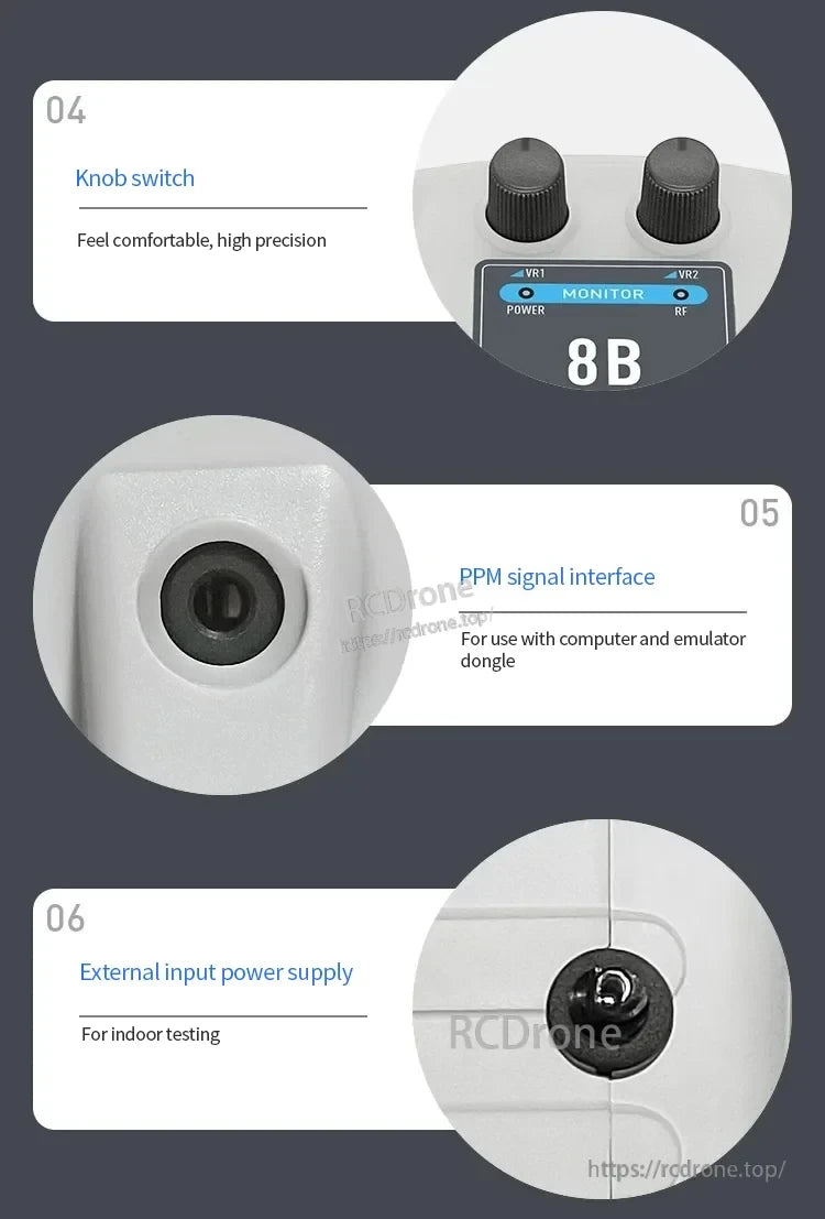Microzone MC8B RC Transmitter, Knob switch, PPM signal interface, external power supply for indoor testing.