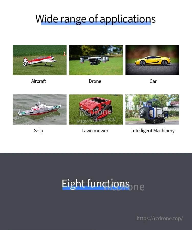 Microzone MC8B RC Transmitter, Versatile device with eight functions, suitable for aircraft, drones, cars, ships, lawn mowers, and intelligent machinery.