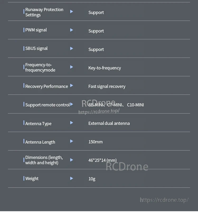 Microzone MC8B RC Transmitter, Supports multiple signals and protection modes; compatible with mini models; features dual antenna, compact size (46×25×14mm), 150mm cable, weighs 10g.
