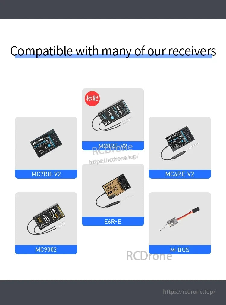 Microzone MC8B RC Transmitter, Compatible with MC7RB-V2, MC8RE-V2, MC6RE-V2, MC9002, E6R-E, and M-BUS receivers for seamless integration.