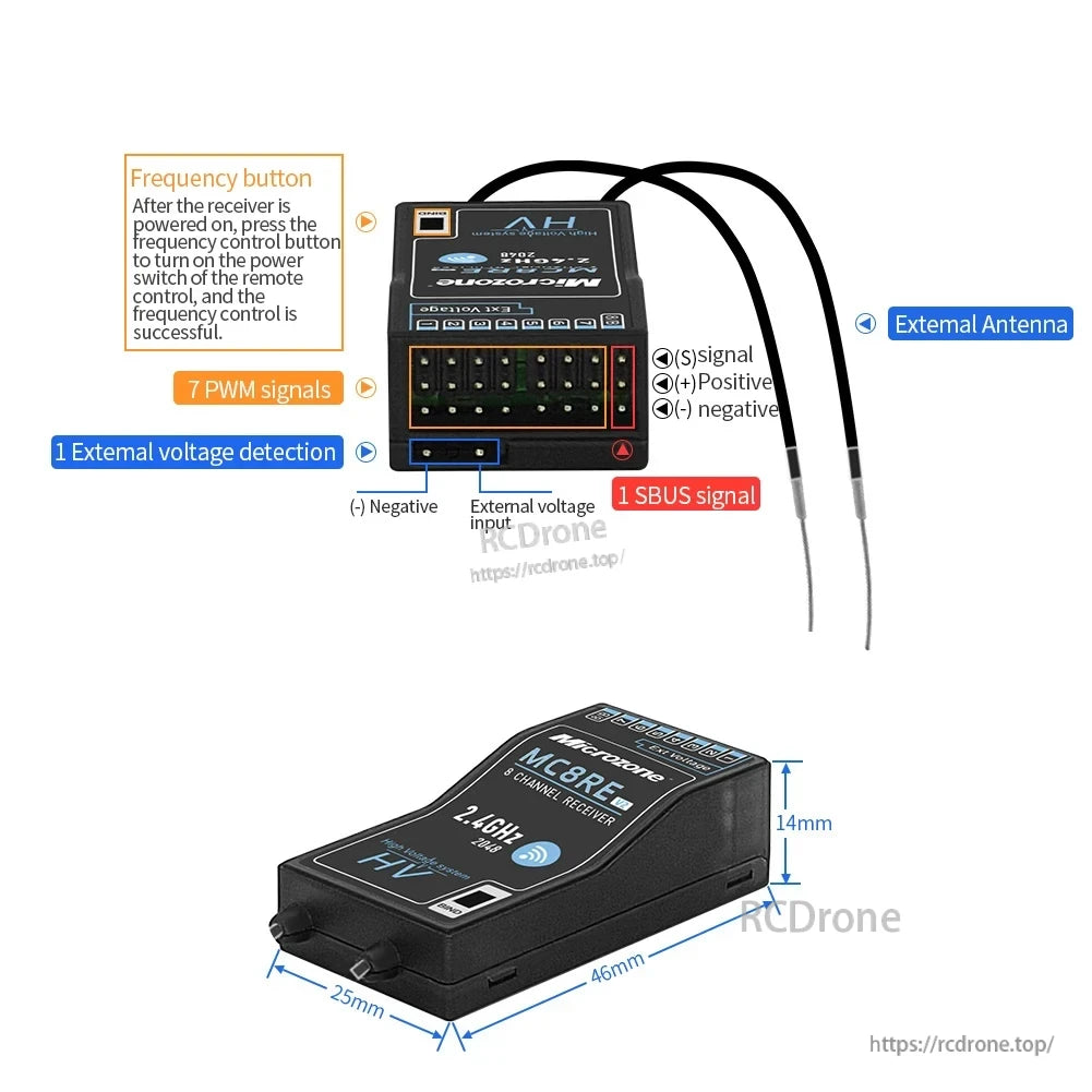 Microzone MC8B RC Transmitter, Microzone MC8B: 8-channel 2.4GHz receiver with 7 PWM, 1 SBUS, voltage detection, frequency button, external antenna; size 46x25x14mm.