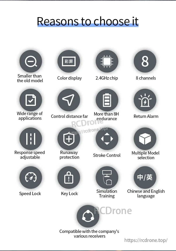 Microzone MC8B RC Transmitter, Compact 2.4GHz color display transmitter with 8 channels, long-range control, 8+ hour battery, return alarm, adjustable settings, runaway protection, and support for multiple models and simulation training.