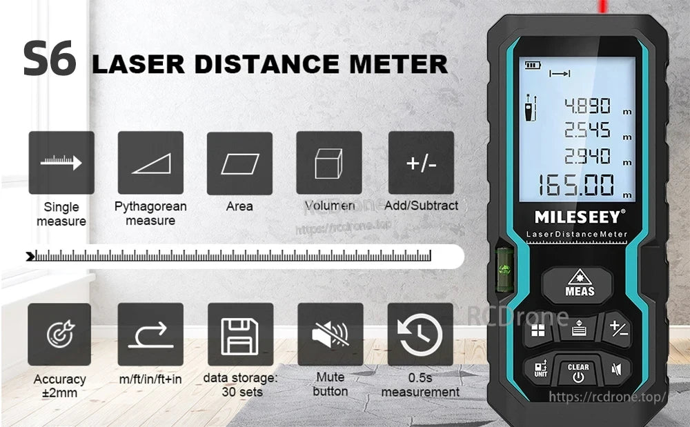 Mileseeys 6 Laser Measure, The S6 Laser Distance Meter by Mileseey provides accurate ±2mm measurements, fast 0.5s operation, multiple modes, unit conversion, 30-data storage, and a mute function.