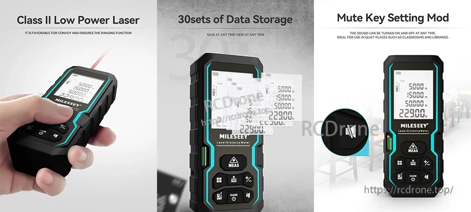 Mileseeys 6 Laser Measure, Mileseey 6 Laser Measure features Class II laser, stores 30 data sets, mute function, accurate rangefinding, silent operation, clear display—ideal for quiet environments. (24 words)