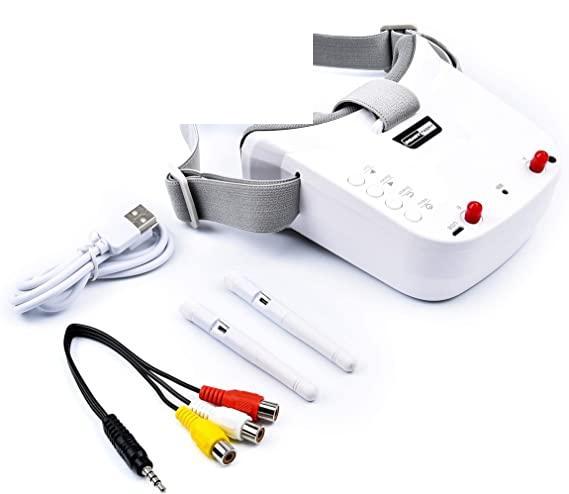 FPV goggle kit with USB charging cable, AV adapter lead, and two 5.8GHz antennas on white background