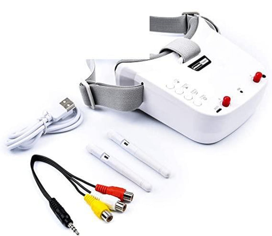 FPV goggle kit with USB charging cable, AV adapter lead, and two 5.8GHz antennas on white background
