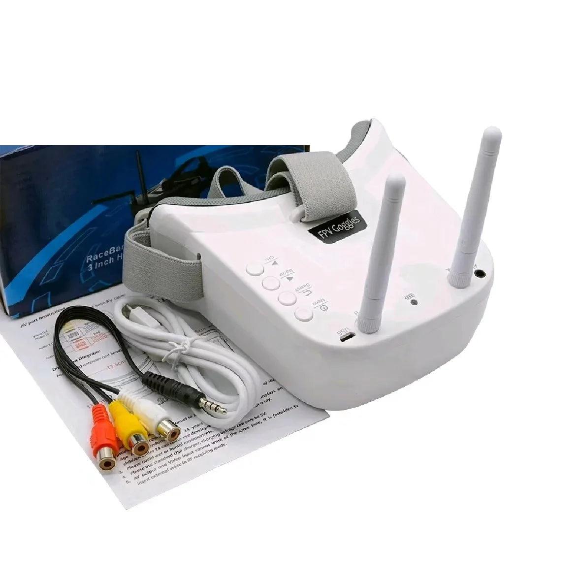 Mini 3.0-Inch 5.8GHz 40CH FPV goggle set with dual antennas, AV cable, USB cable, box and manual