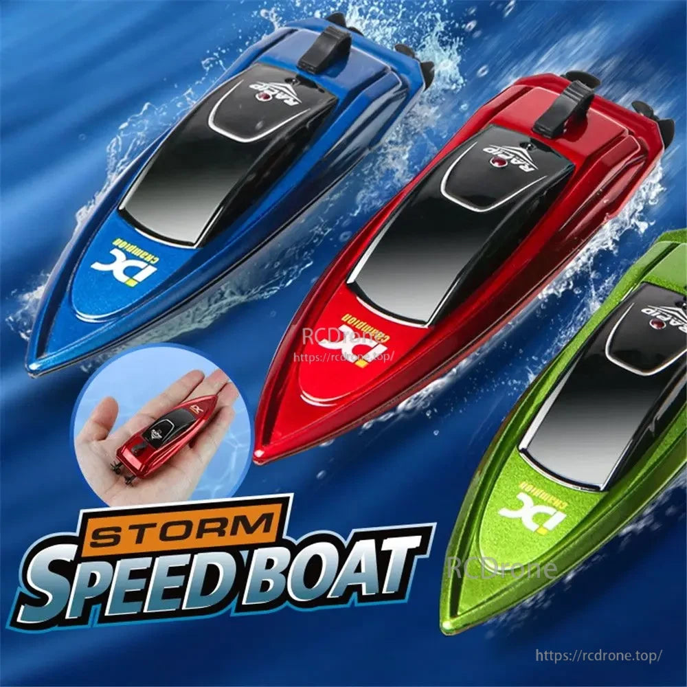 Mini RC Boat, Mini speedboat with double motor and twin propellers for stable drive, plus 2.4 GHz anti-interference control and basic functions.