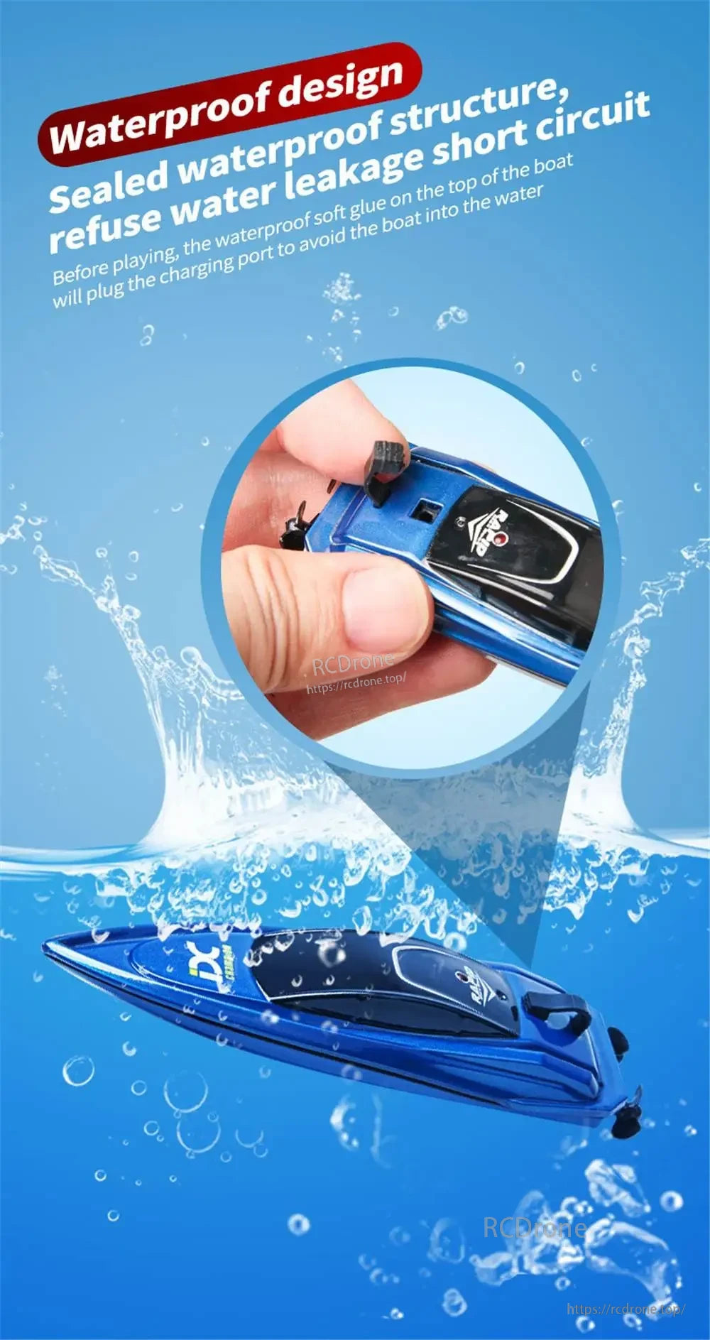 Mini RC Boat, Waterproof design with sealed structure and soft glue cover prevents water leakage and short circuits at charging port.