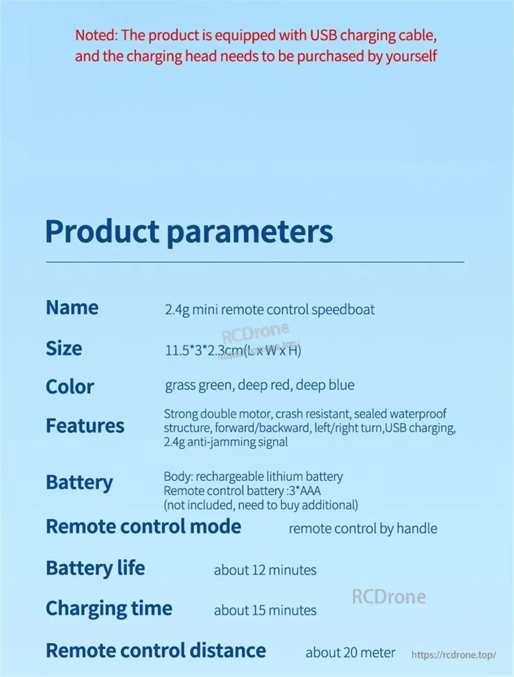 Mini RC Boat, Mini 2.4G remote speedboat, dual motor, waterproof, USB rechargeable, 12-min runtime, 20m range. Requires AAA batteries for remote. Colors: green, red, blue.