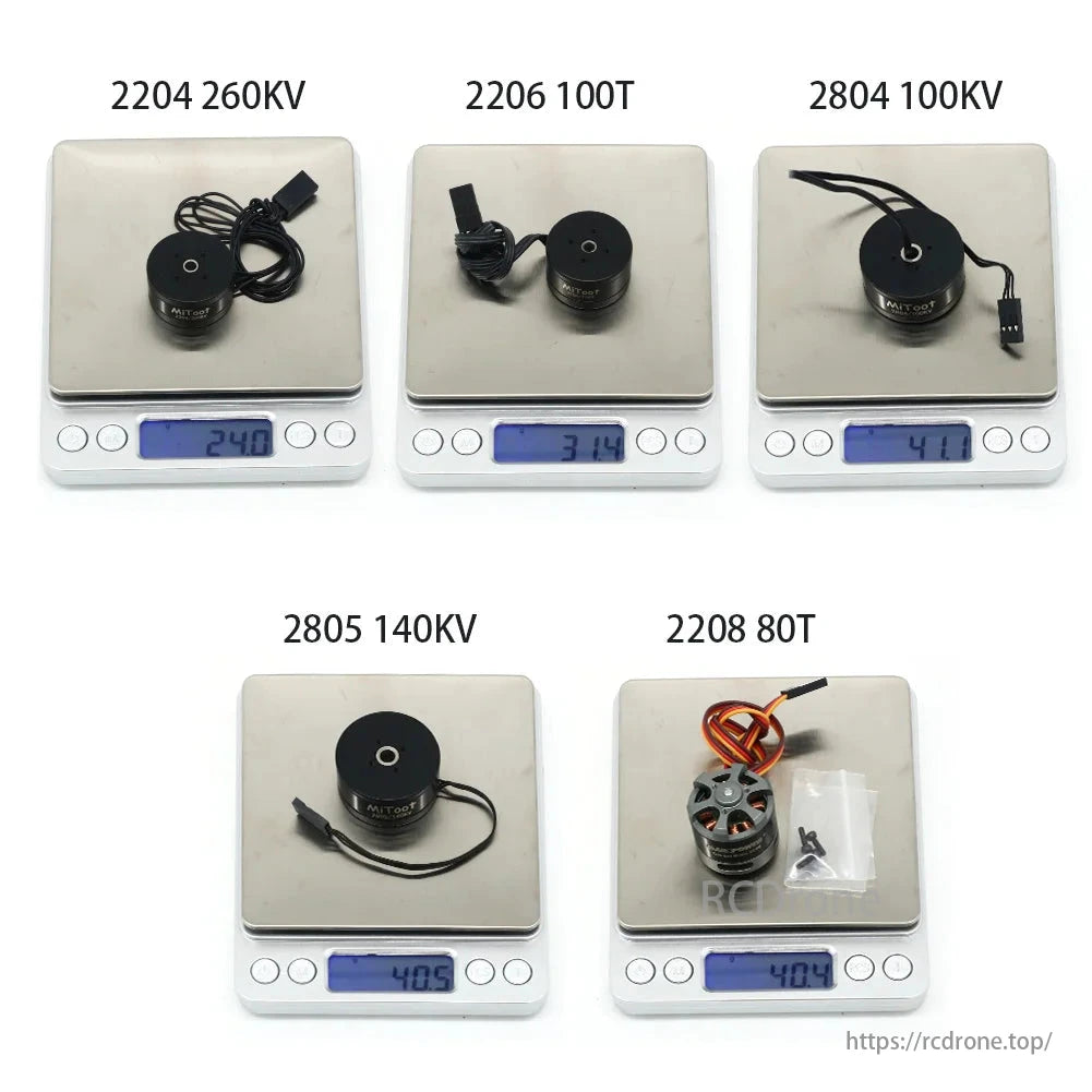 Mitoot Gimbal Brushless Motors include 2204 260KV, 2206 100T, 2804 100KV, 2805 140KV, 2208 80T, with weights shown.