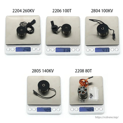 Mitoot Gimbal Brushless Motors include 2204 260KV, 2206 100T, 2804 100KV, 2805 140KV, 2208 80T, with weights shown.