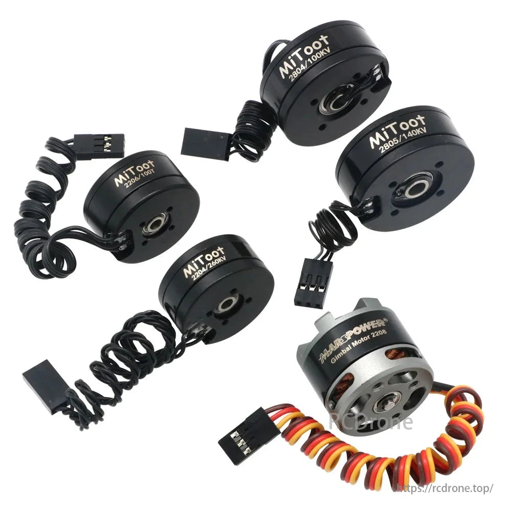 Mitoot Gimbal Brushless Motor, Mitoot brushless motors (2204/260KV, 2804/100KV, 2805/140KV) for CNC FPV camera gimbals, featuring coiled cables and connectors.